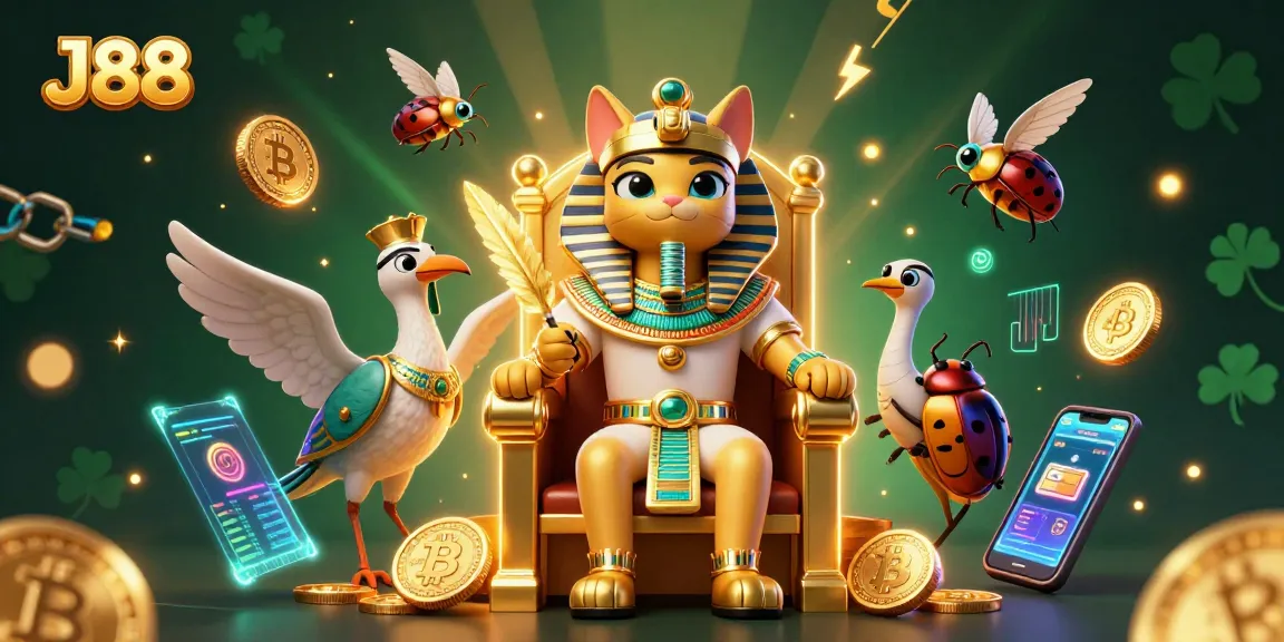 Engage with J88's thrilling casino world featuring a pharaoh cat in a dynamic crypto scene.