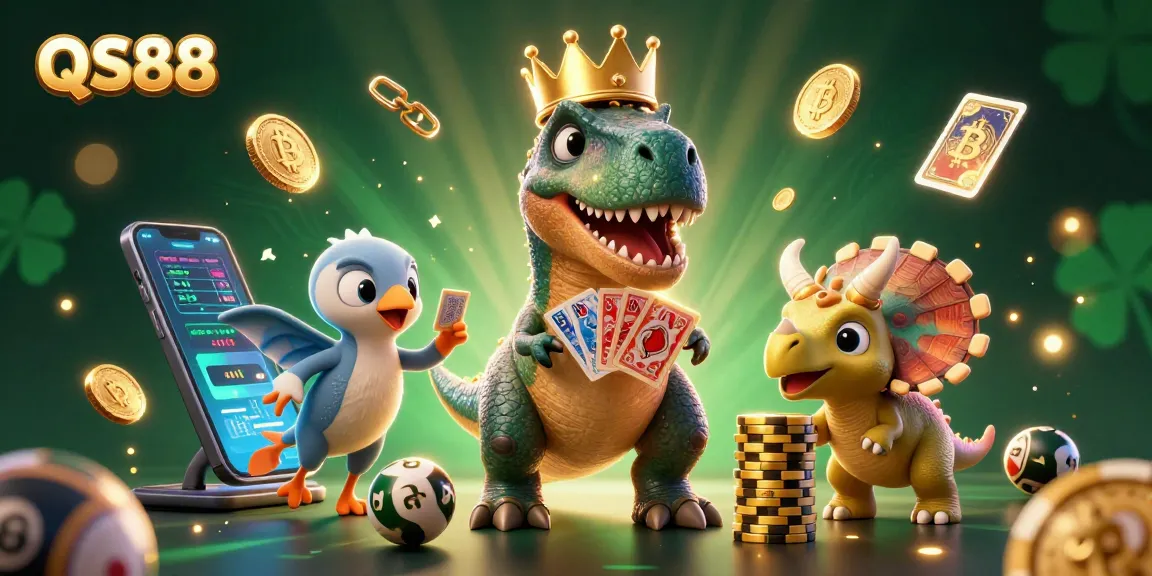 Experience the excitement of QS88 with vibrant 3D characters playing cards and stacking chips in a lively casino setting.
