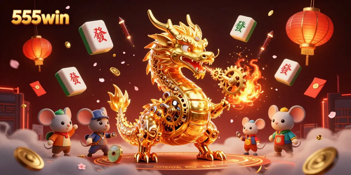 Experience thrilling wins at 555win with an engaging 3D casino illustration of a biomechanical dragon and dynamic game elements.