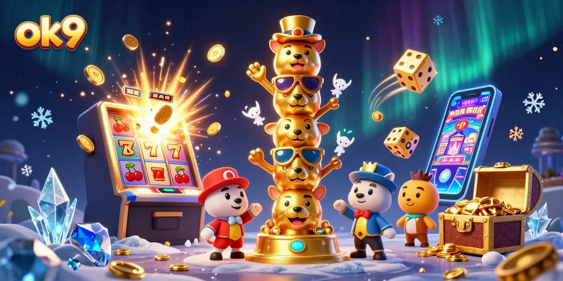 Celebrate big wins with ok9's colorful casino atmosphere featuring a dynamic 3D totem and jackpot symbols.