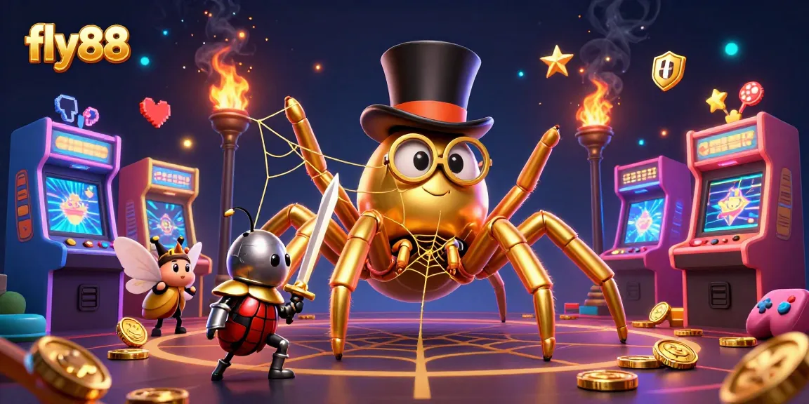 Engage with fly88 as the brave beetle knight approaches the golden tarantula at a lively casino scene.