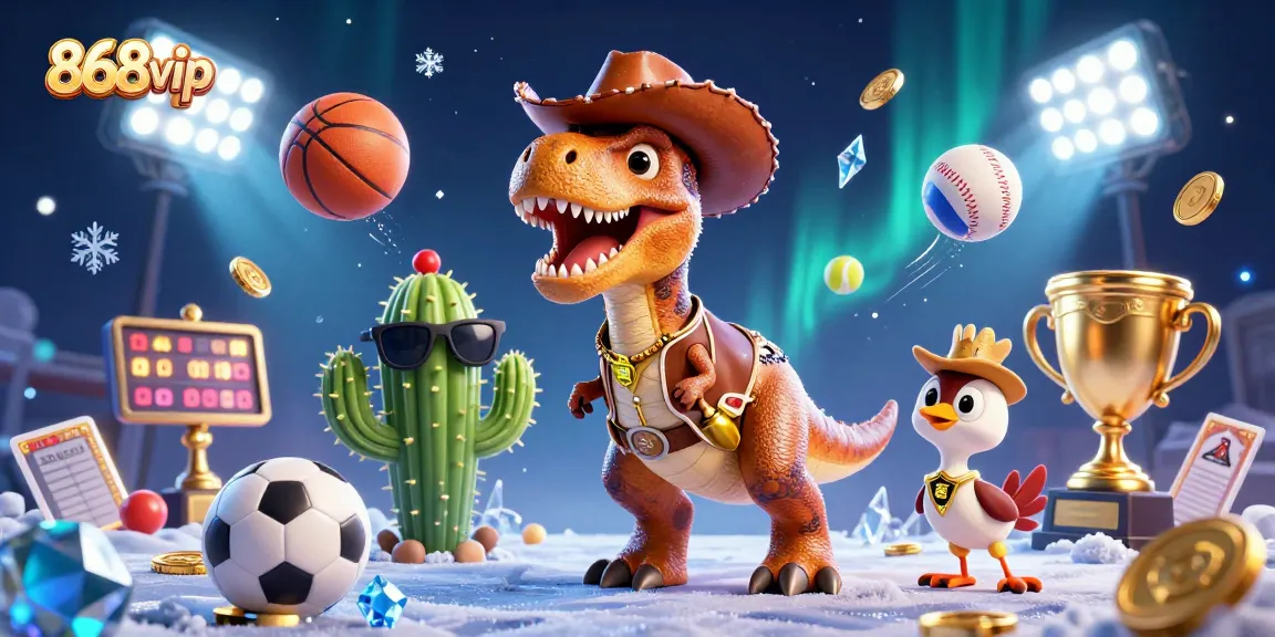 Engage with 868vip's vibrant 3D cartoon illustration showcasing exciting sports betting elements and characters.