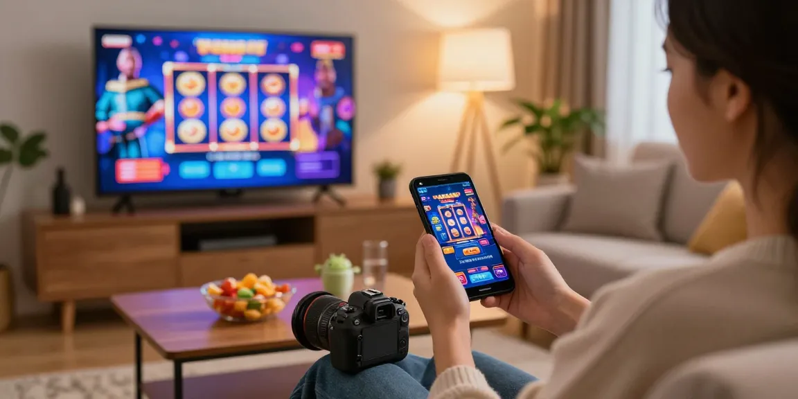Engaging scene of a user enjoying slot7000 online gaming on a smartphone in a cozy living room.