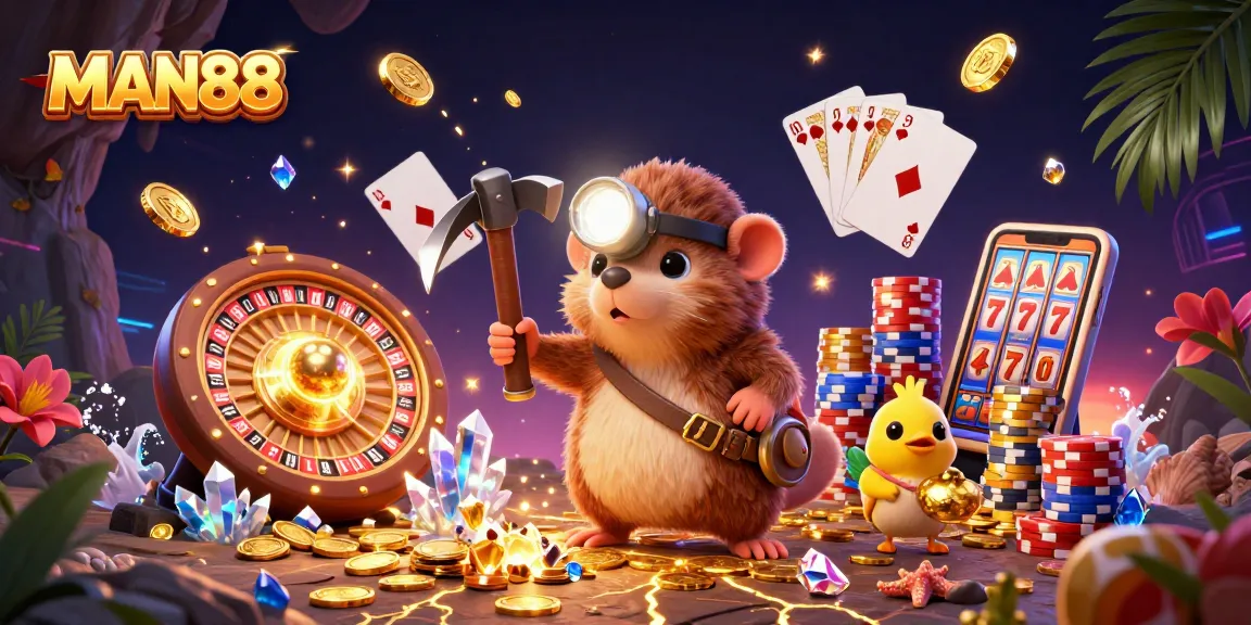 Experience MAN88's thrilling online casino adventure with vibrant characters and dynamic gaming elements.