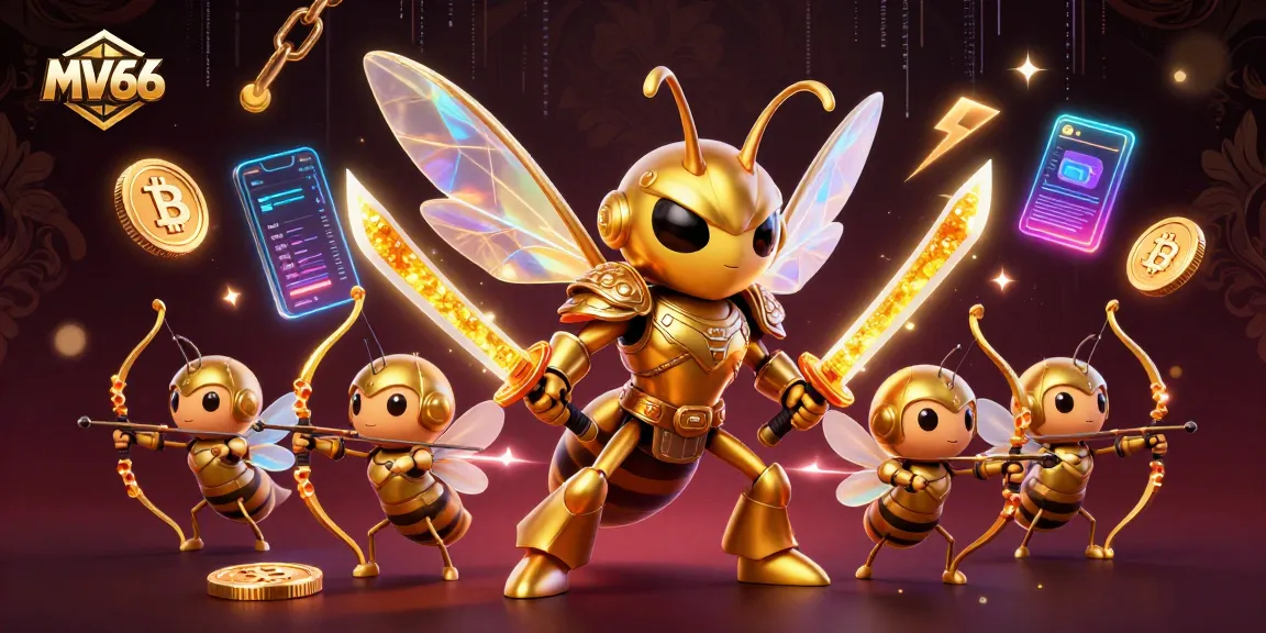 MV66 presents an exciting casino scene with a golden hornet and crypto elements.