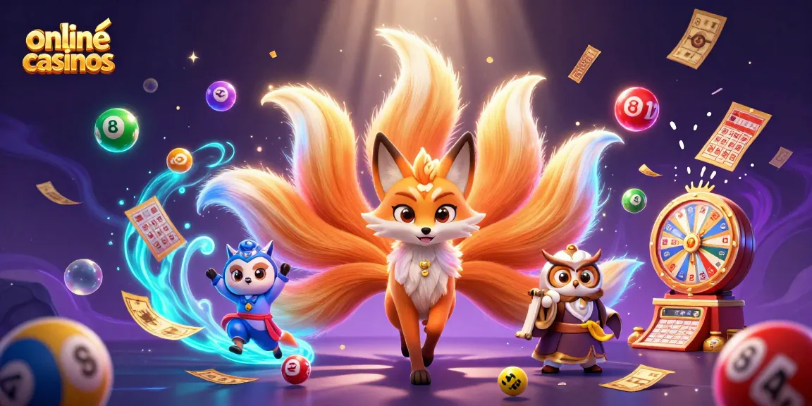 Win big with online casinos: A vibrant scene featuring a glowing nine-tailed fox and lottery elements.