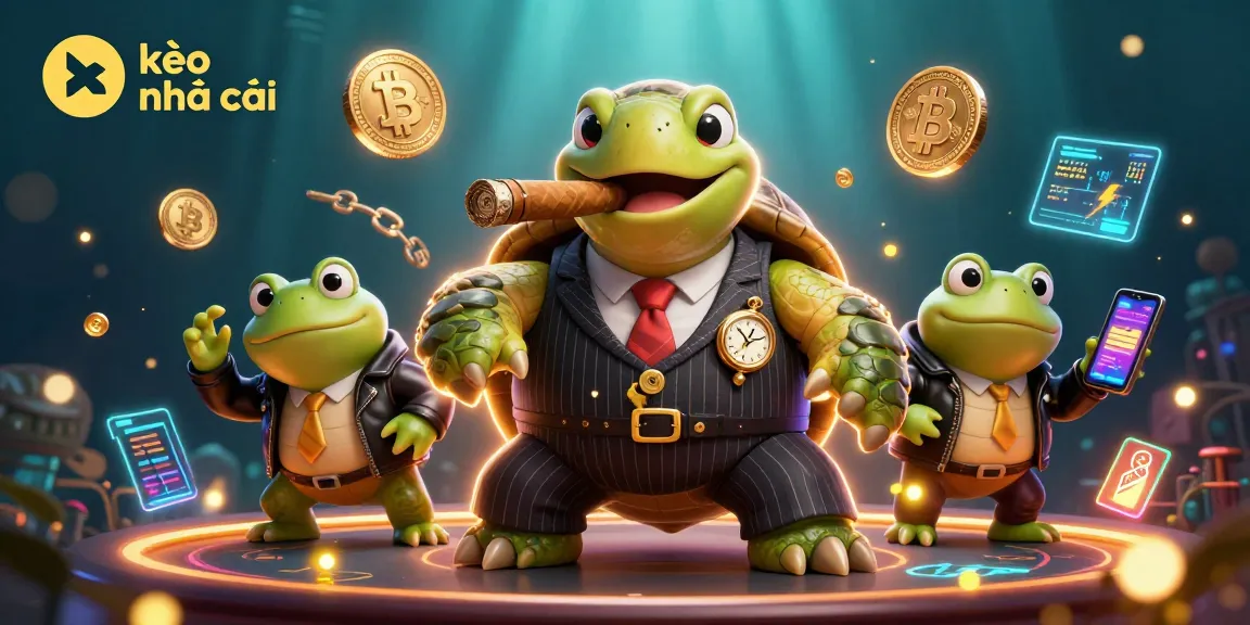 Experience the excitement of kèo nhà cái with a dynamic scene of a mobster turtle and bullfrog enforcers amid glowing crypto coins.