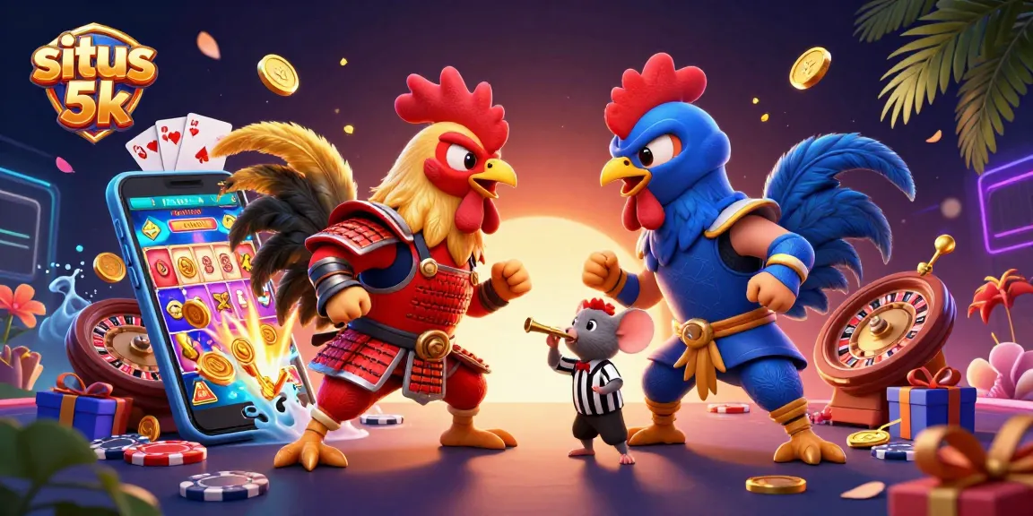 Experience exciting gameplay on situs 5k with a dynamic illustration of fighting roosters in a vibrant casino setting.