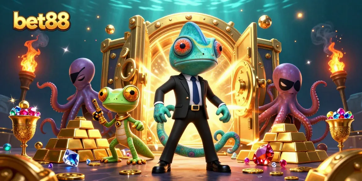 Catch the excitement at bet88 with a colorful 3D casino scene featuring a secret agent chameleon and treasures.