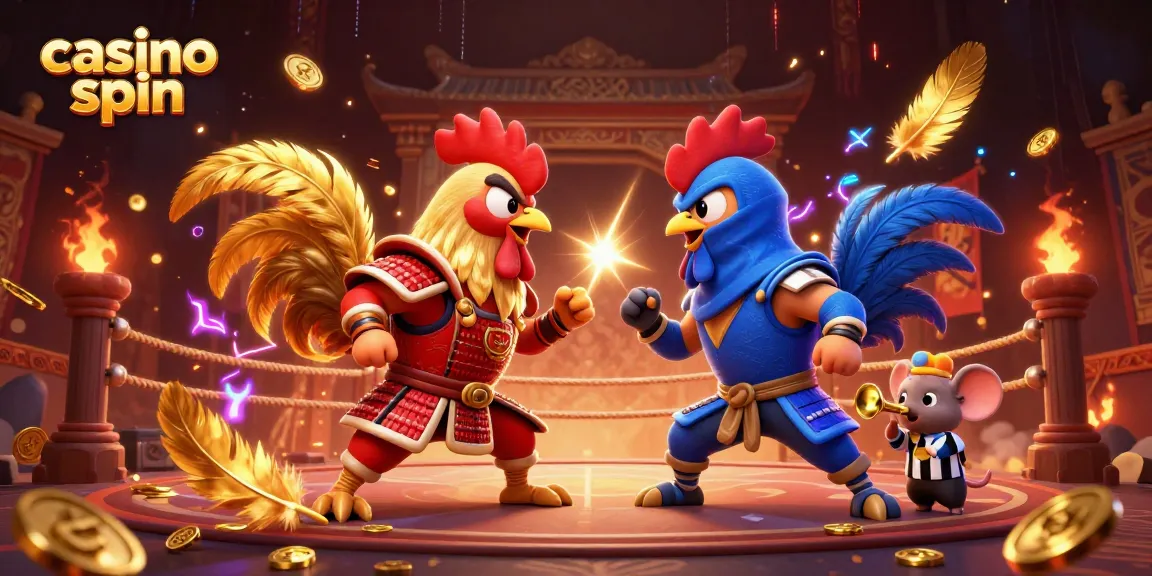 Engage in casino spin excitement with fighting roosters in a vibrant 3D arena.