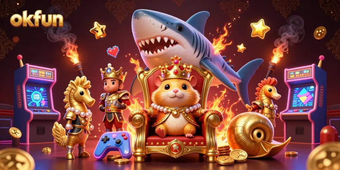 Experience thrilling games at okfun with a dynamic cartoon scene featuring a hamster king, seahorse guards, and arcade machines.
