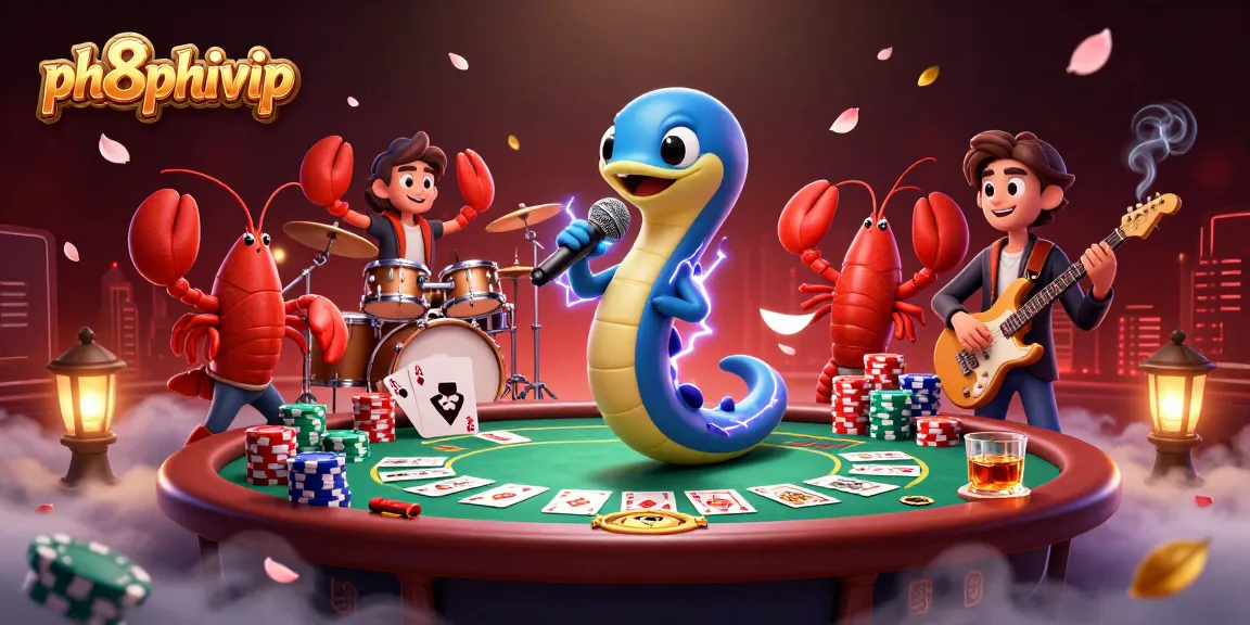 Engage with ph8phivip's dynamic casino scene featuring an electric eel DJ and interactive poker elements.