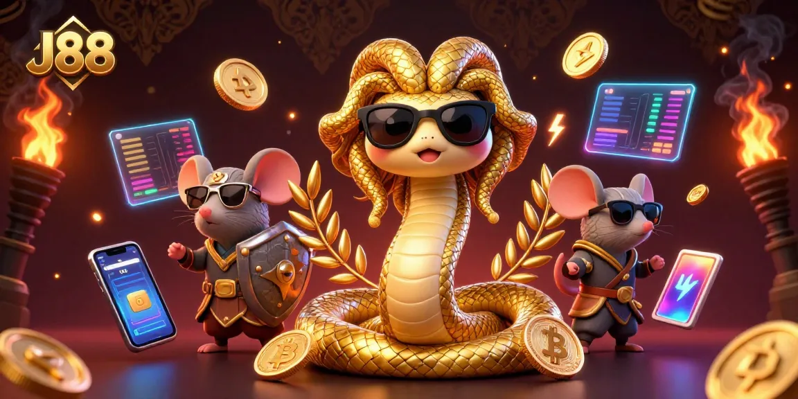 Experience the excitement of J88 with a friendly Medusa and warrior mouse in a vibrant casino illustration.