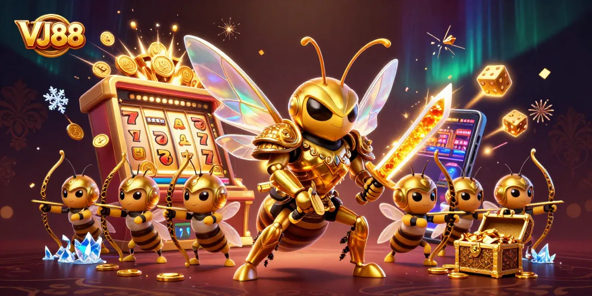VJ88 captures a vibrant ultra-detailed 3D illustration featuring a samurai hornet amidst casino elements.