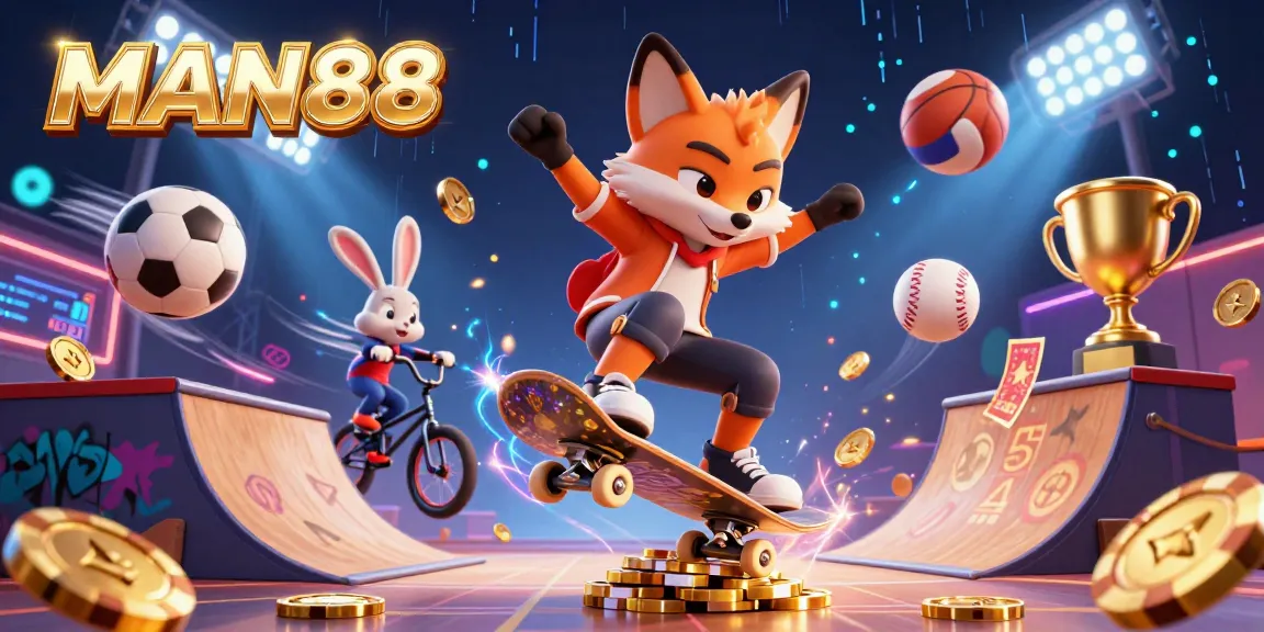Experience gaming excitement with MAN88 as a fox performs tricks over golden poker chips.
