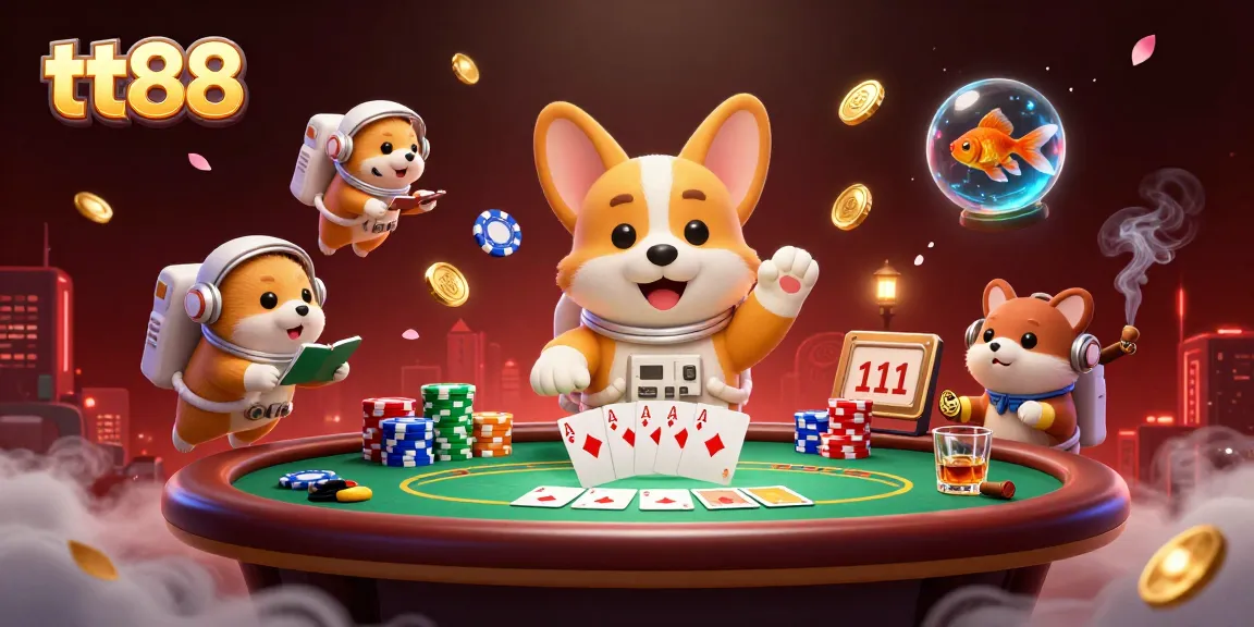 Experience the thrill of tt88 with a playful corgi astronaut in a vibrant casino scene.