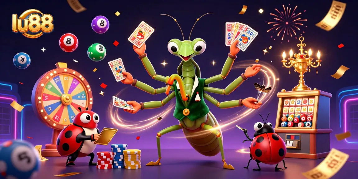 Engage with lu88's vibrant lottery scene featuring a dynamic praying mantis card sharp and a ladybug pit boss, filled with colorful gaming elements.