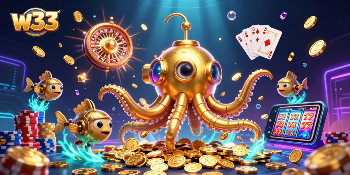 Experience thrilling gaming with w33 in a vibrant underwater casino scene featuring a golden kraken.