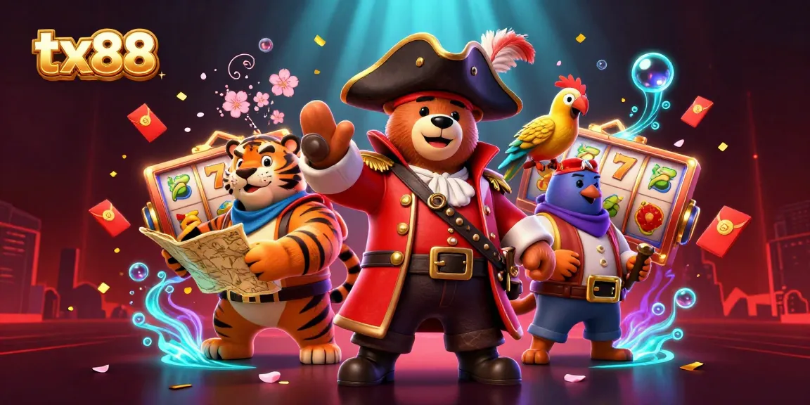 Experience vibrant gaming action with tx88 featuring pirate-themed characters amidst dynamic casino elements.